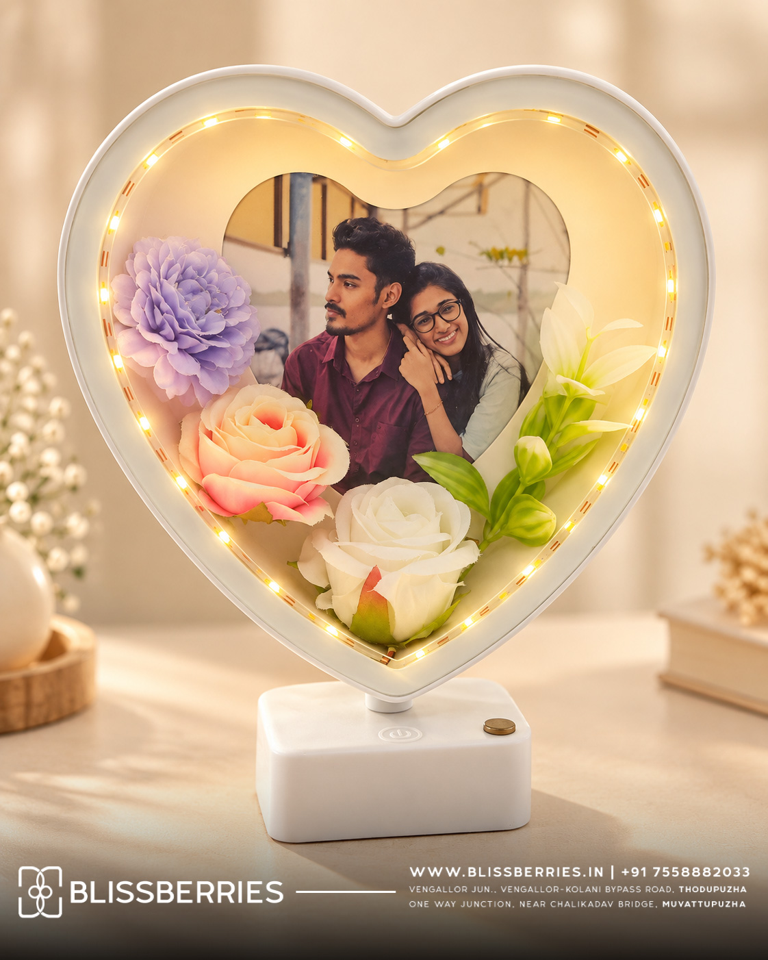 Personalized Heart LED Floral Photo Frame – 8×9 Inch
