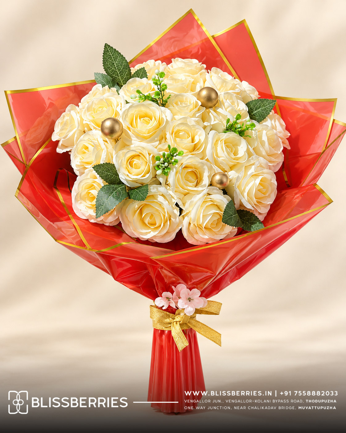 Premium Ivory Rose Bouquet – 23 Roses | Red & Gold Wrap - 10102601