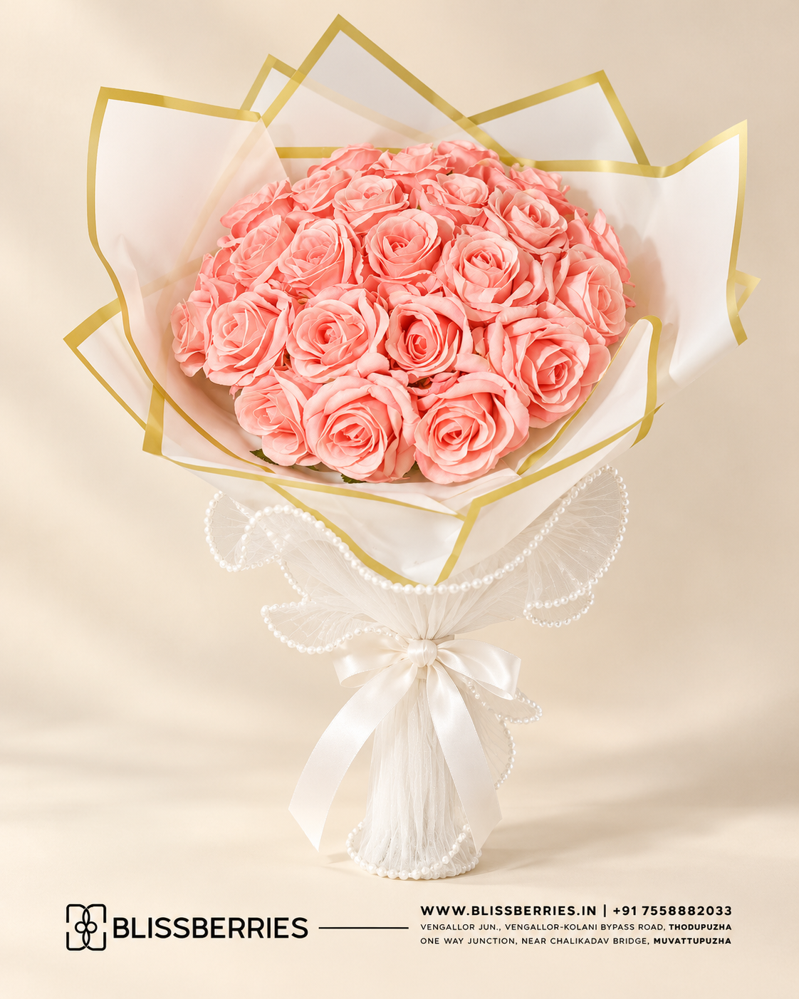 Luxury Pink Rose Bouquet with Pearl Bead Detailing – 23 Roses - 10102602