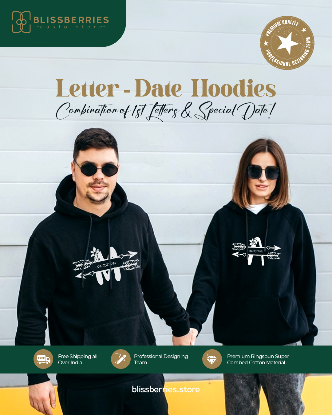 Personalized Couple Hoodies - Custom Letter & Date Design (Combo of 2 Hoodies)