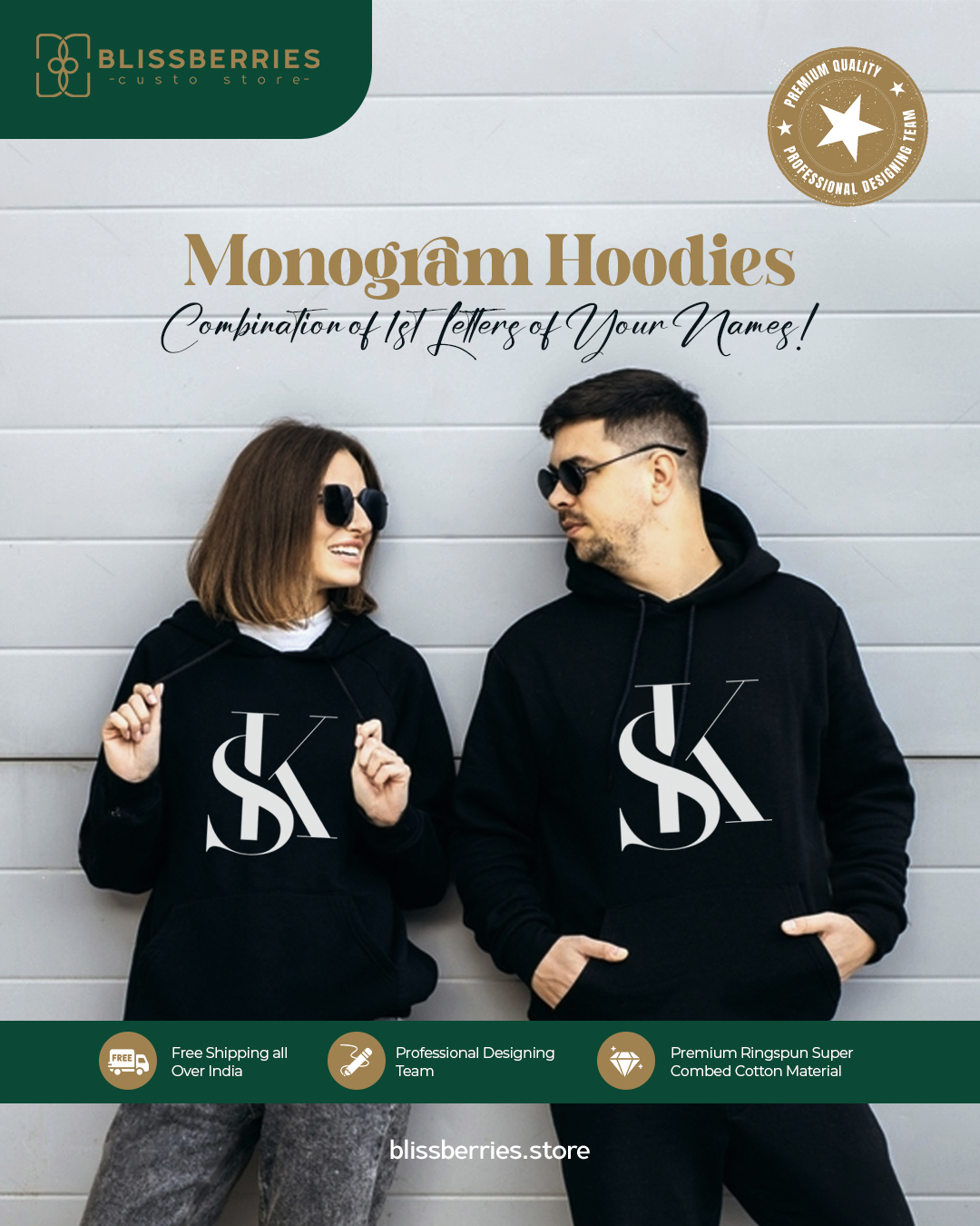 Personalized Couple Monogram Hoodies - Custom Initials Design (Combo of 2 Hoodies)