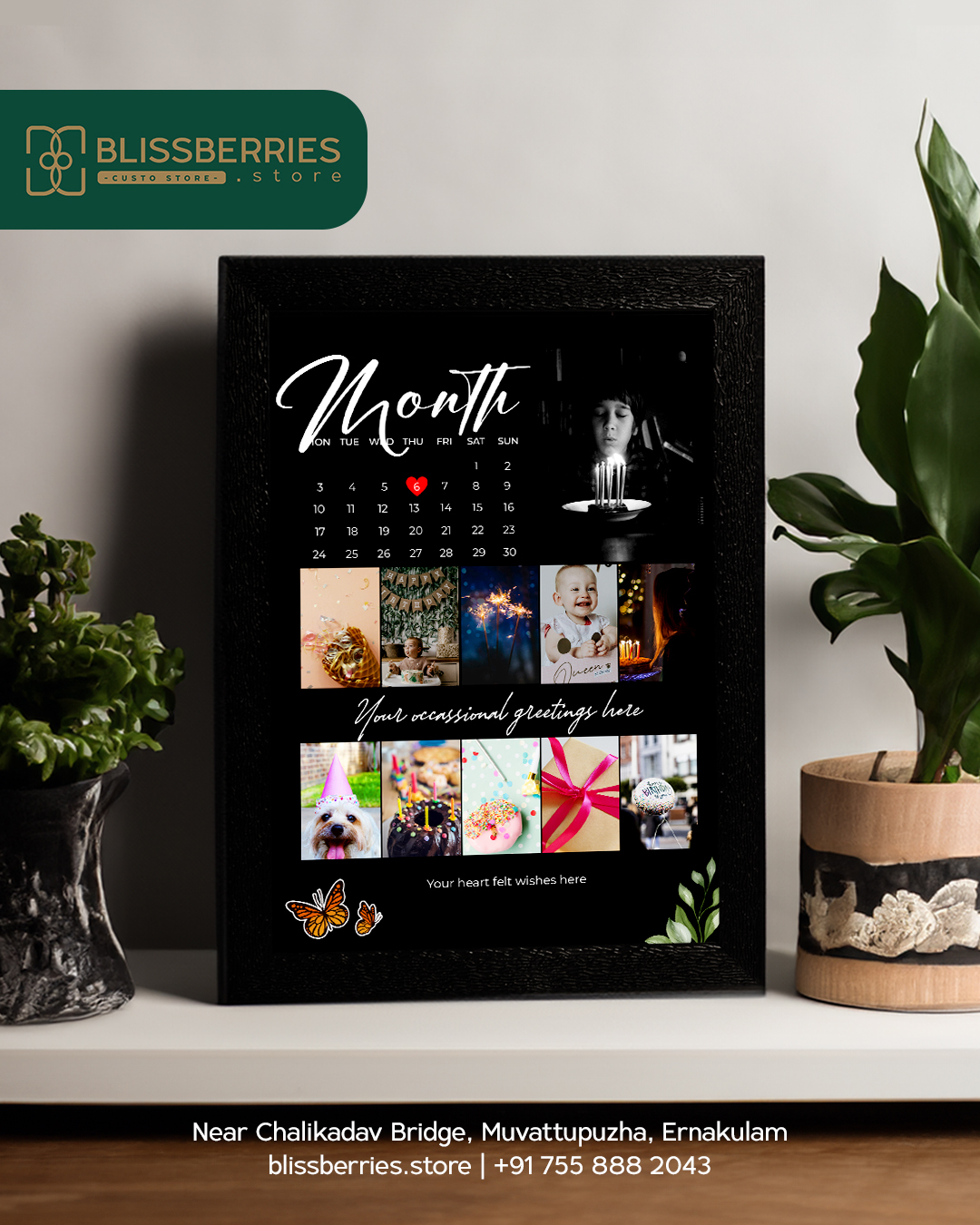 Eleven-Photo Collage Frame with Black Background, Butterfly Design, Calendar & Custom Text