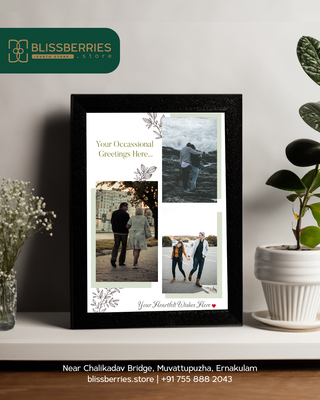 Three-Photo Frame with Occasional Greetings & Custom Message – A Personalized Gift