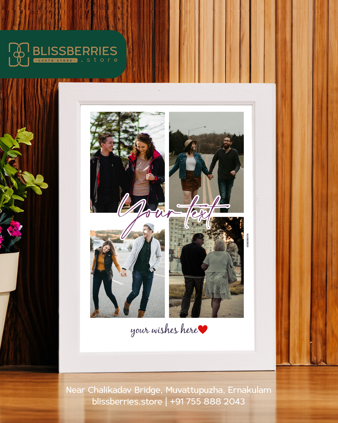 Four-Photo Collage Frame with Big Custom Text & Greetings – A Personalized Gift