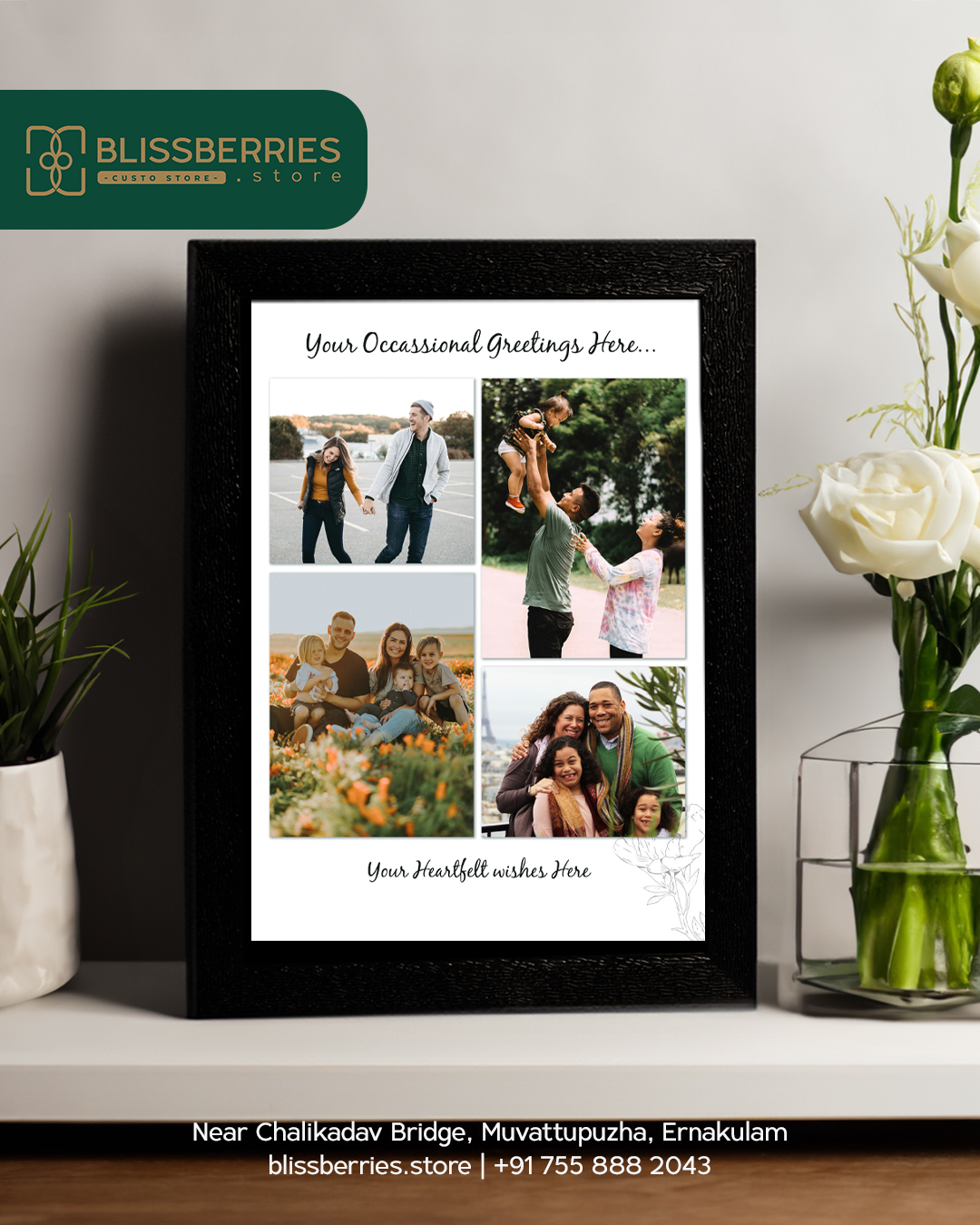 Four-Photo Collage Frame with Occasional Greetings & Custom Wish Message – A Personalized Gift
