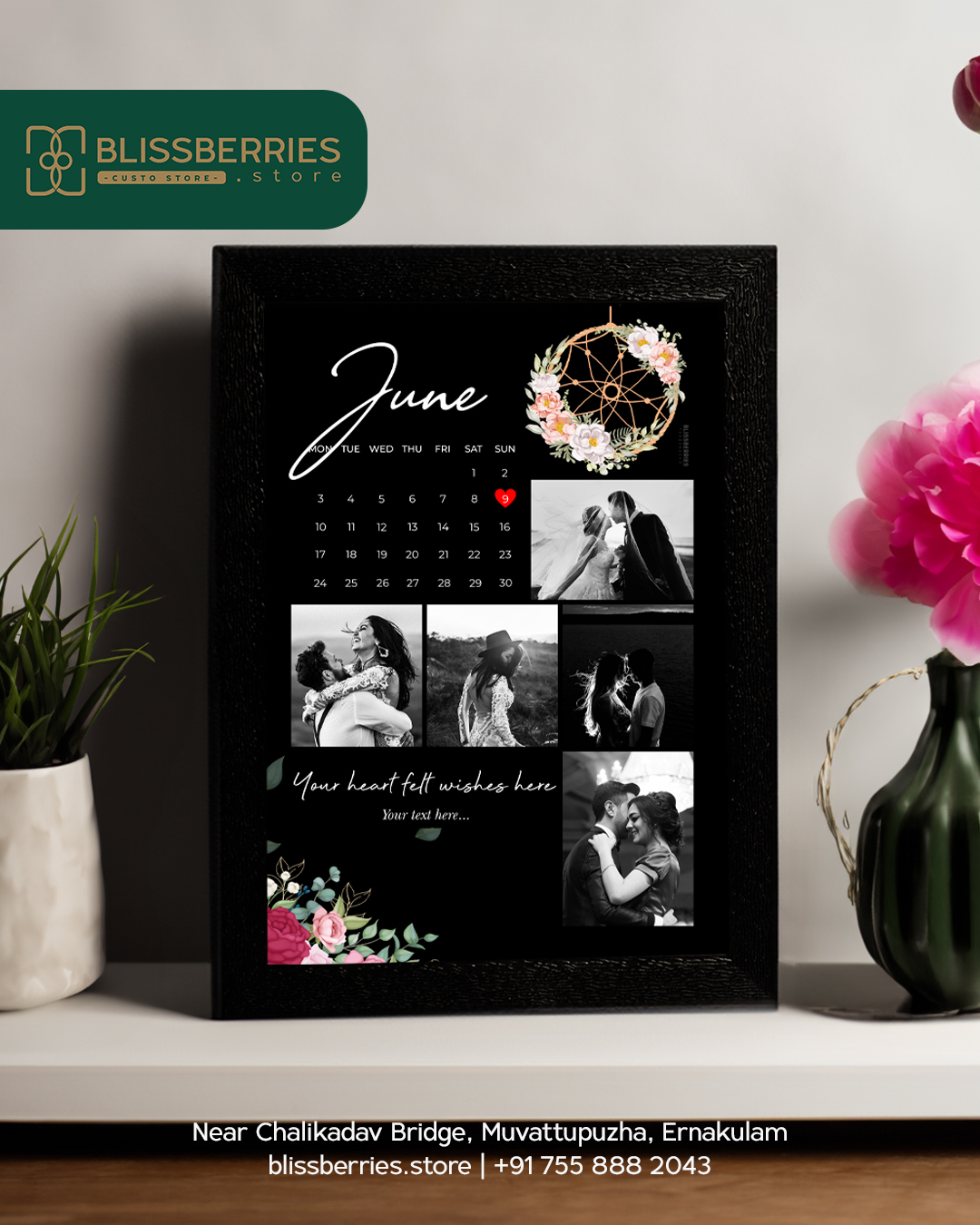 Five-Photo Black Background Collage Frame with Calendar, Greetings & Custom Text