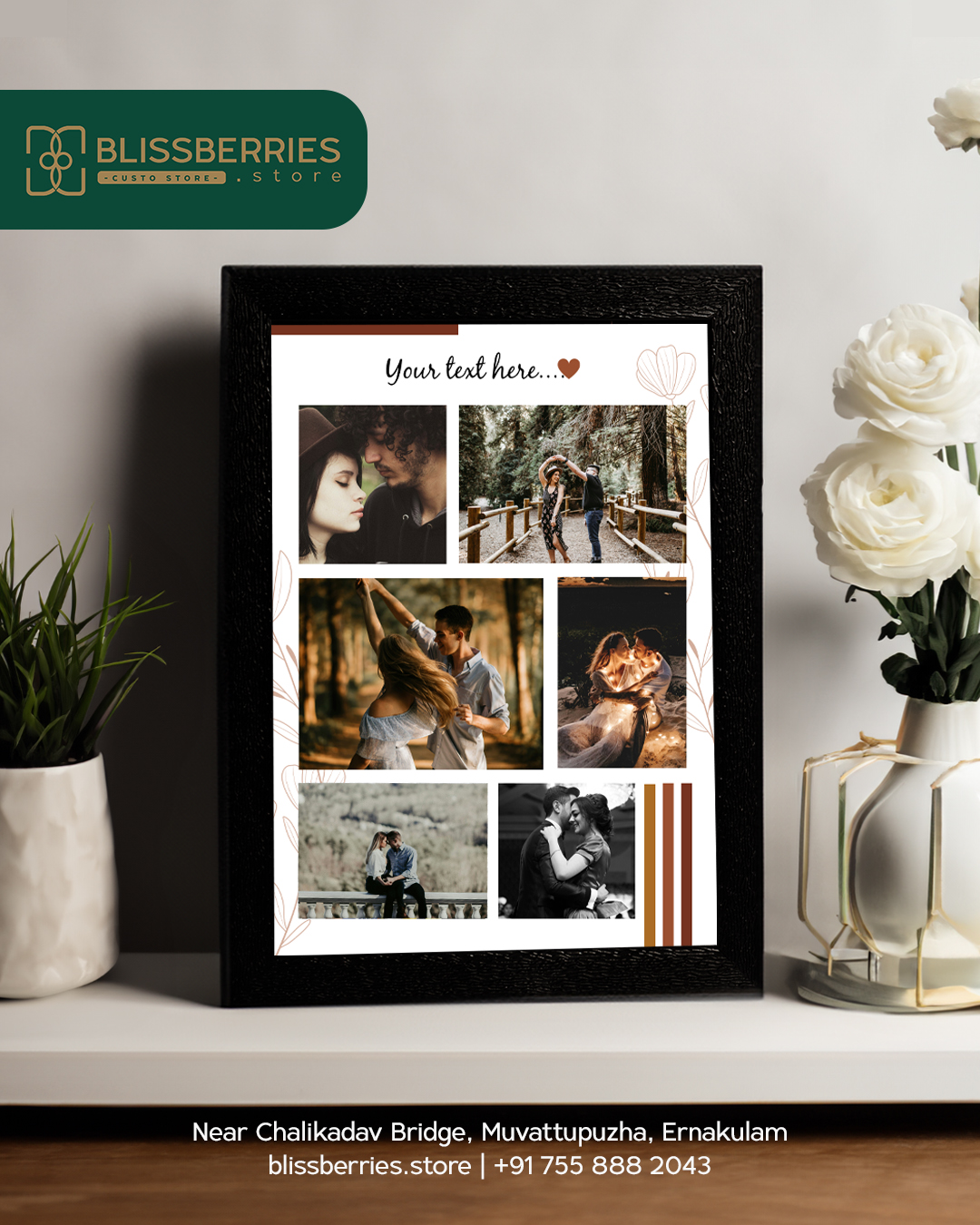 Six-Photo Collage Frame with Brown Design Elements & Custom Message
