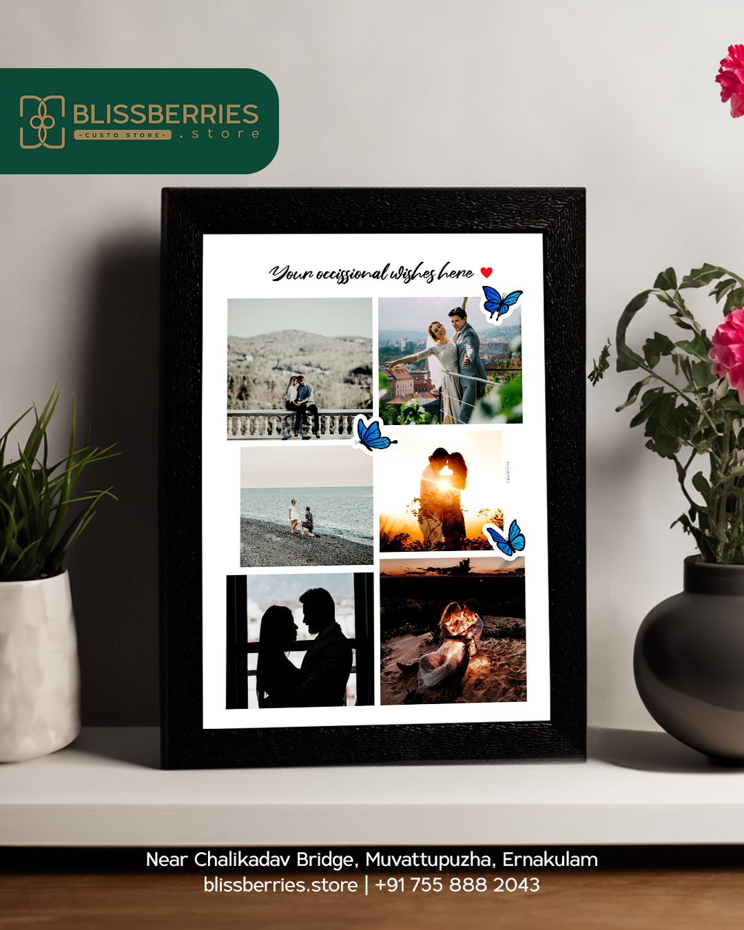 Six-Photo Collage Frame with Butterfly Design & Custom Message