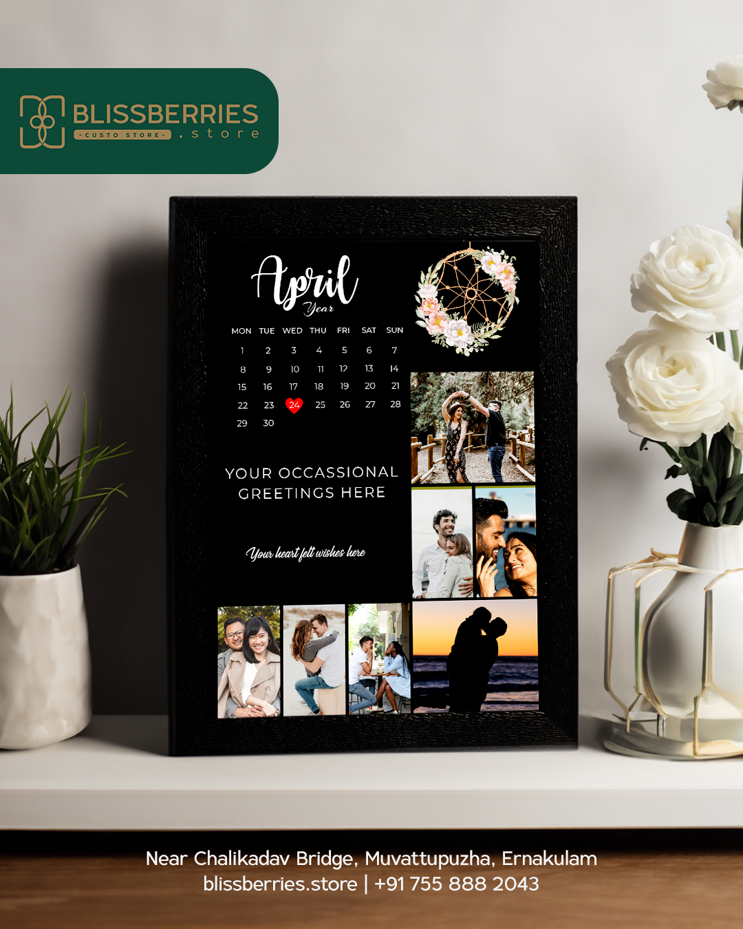 Seven-Photo Collage Frame with Black Background, Calendar & Custom Greetings