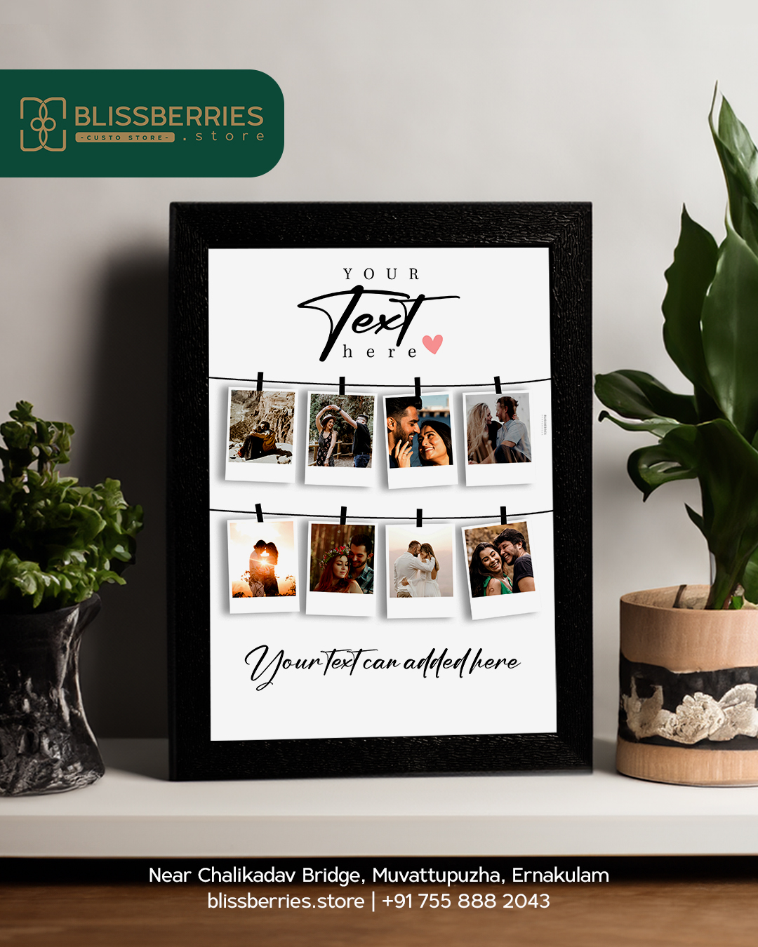 Eight-Photo Clipped Polaroid Frame with Custom Greeting & Text – A Unique Display