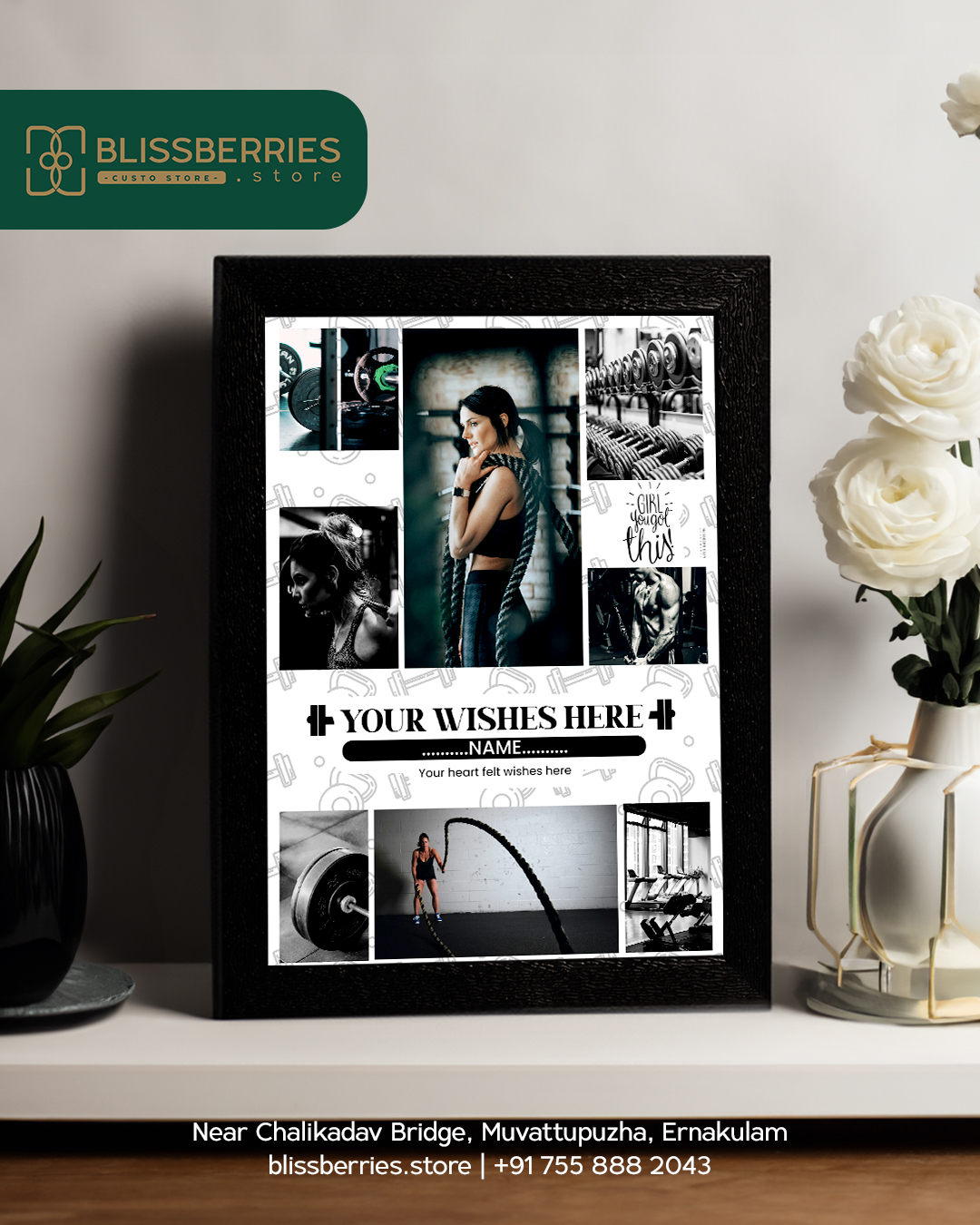 Eight-Image Gym-Themed Collage Frame with Custom Greetings, Name & Personalized Wishes