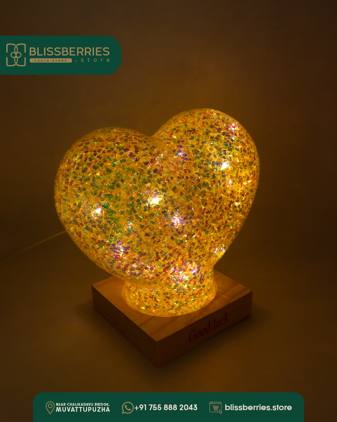 Heart-Shaped Crystal LED Lamp with Wooden Base