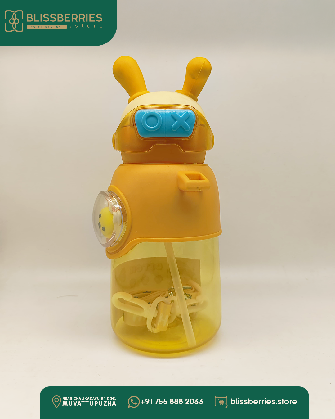 Kids Water Bottle with Bunny Design, Yellow Plastic Sipper with Straw, Smiley Face Design