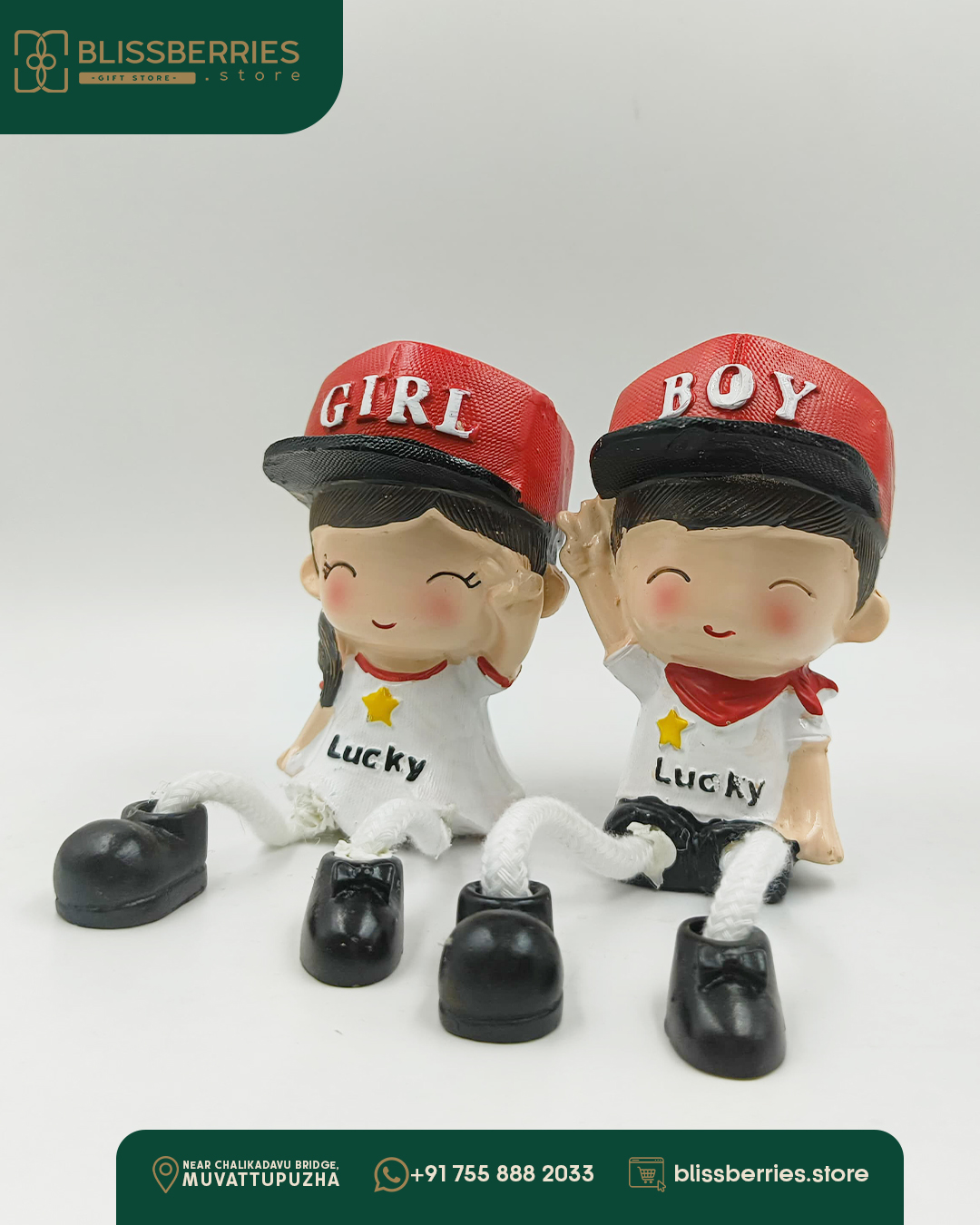 Lucky Boy and Girl Decorative Figurines Set, Red Cap Design, White Outfit, Home Decor