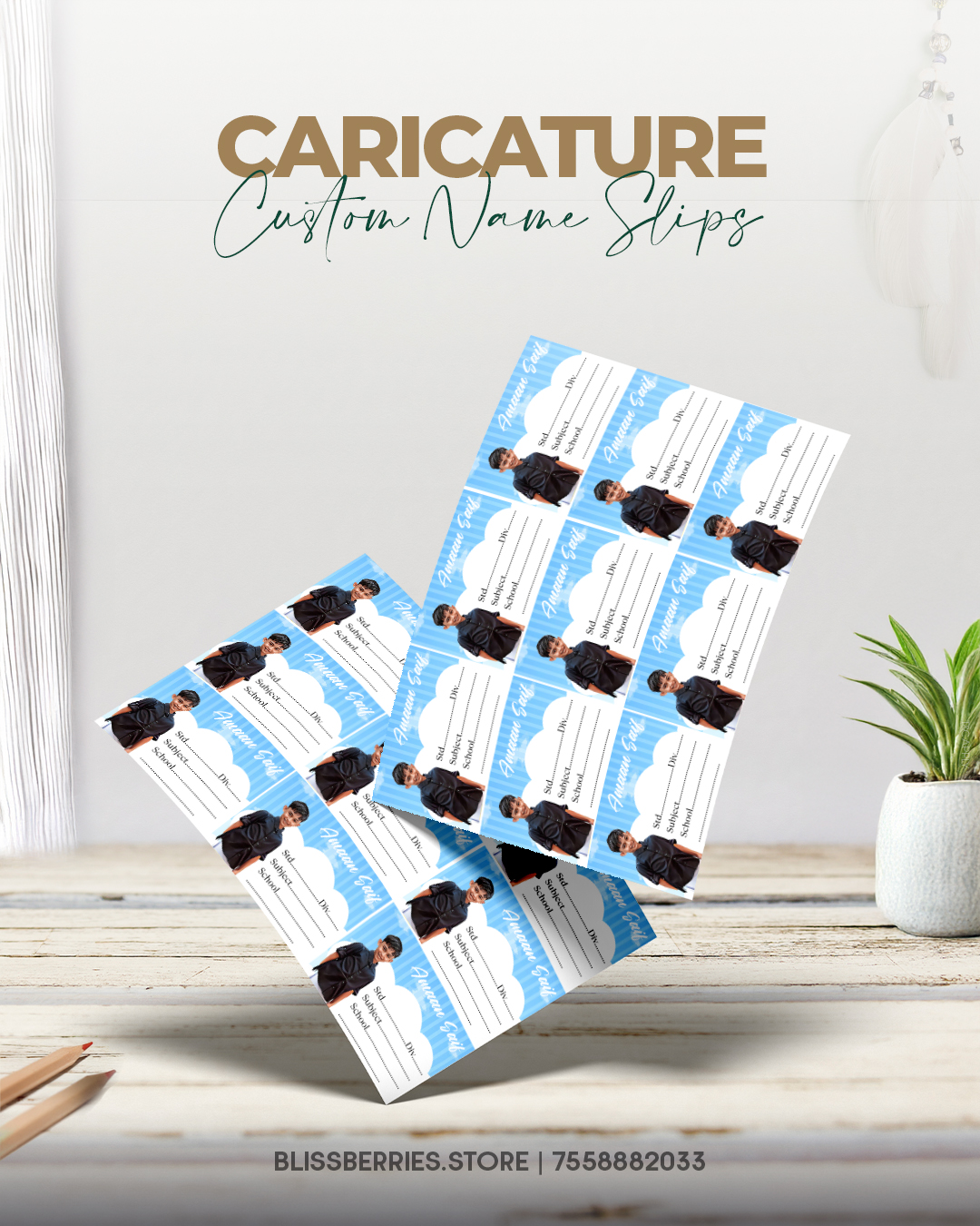 Personalised Caricature School Name Slip Labels | Blue Cloud Design | Set of 18 | Durable & Customised