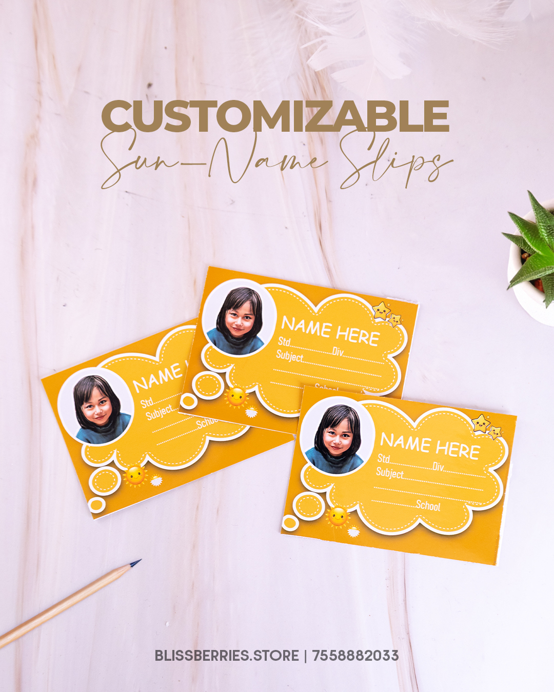 Customisable Caricature School Name Slip Labels | Sun Design | Set of 18 | Bright & Durable