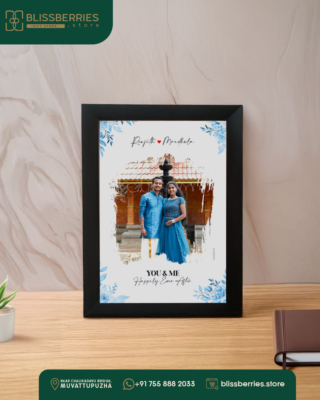 Floral Personalized Couple Frame- Custom Photo & Name Gift