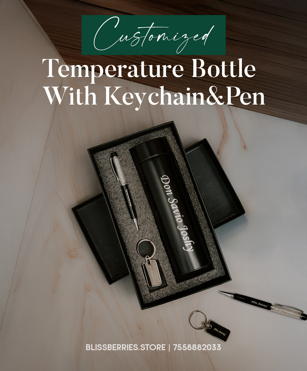 3-in-1 Custom Gift Set with Temperature Bottle | Personalized Pen & Keychain Combo | Personalized Corporate or Birthday Gift