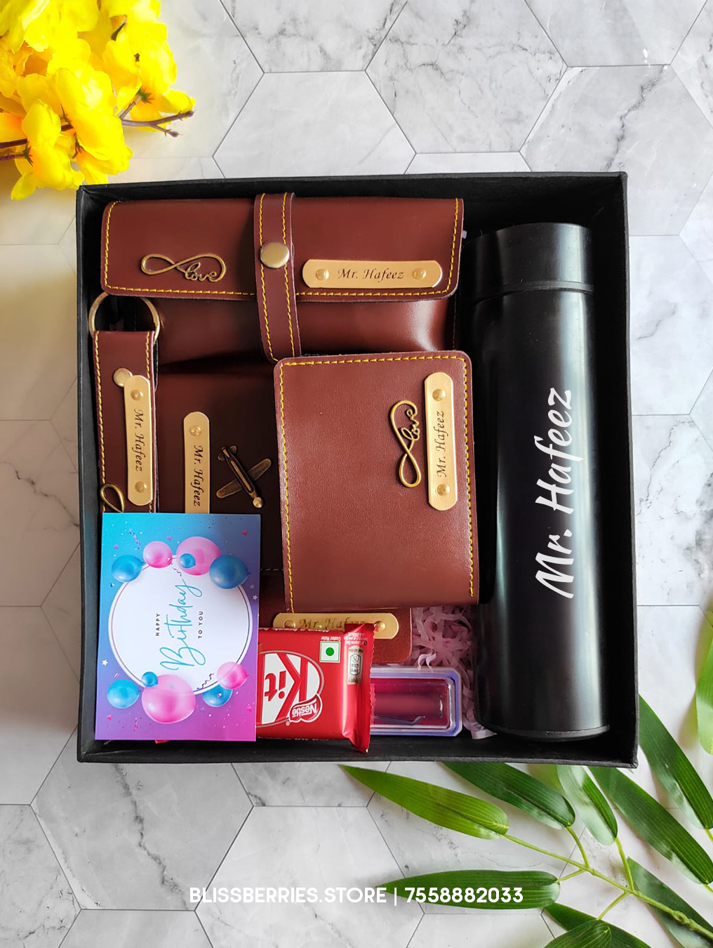 Personalized Premium Gift Combo for Men | Personalized Temperatue Bottle, Leather Combos, Pen, Kitkat and more