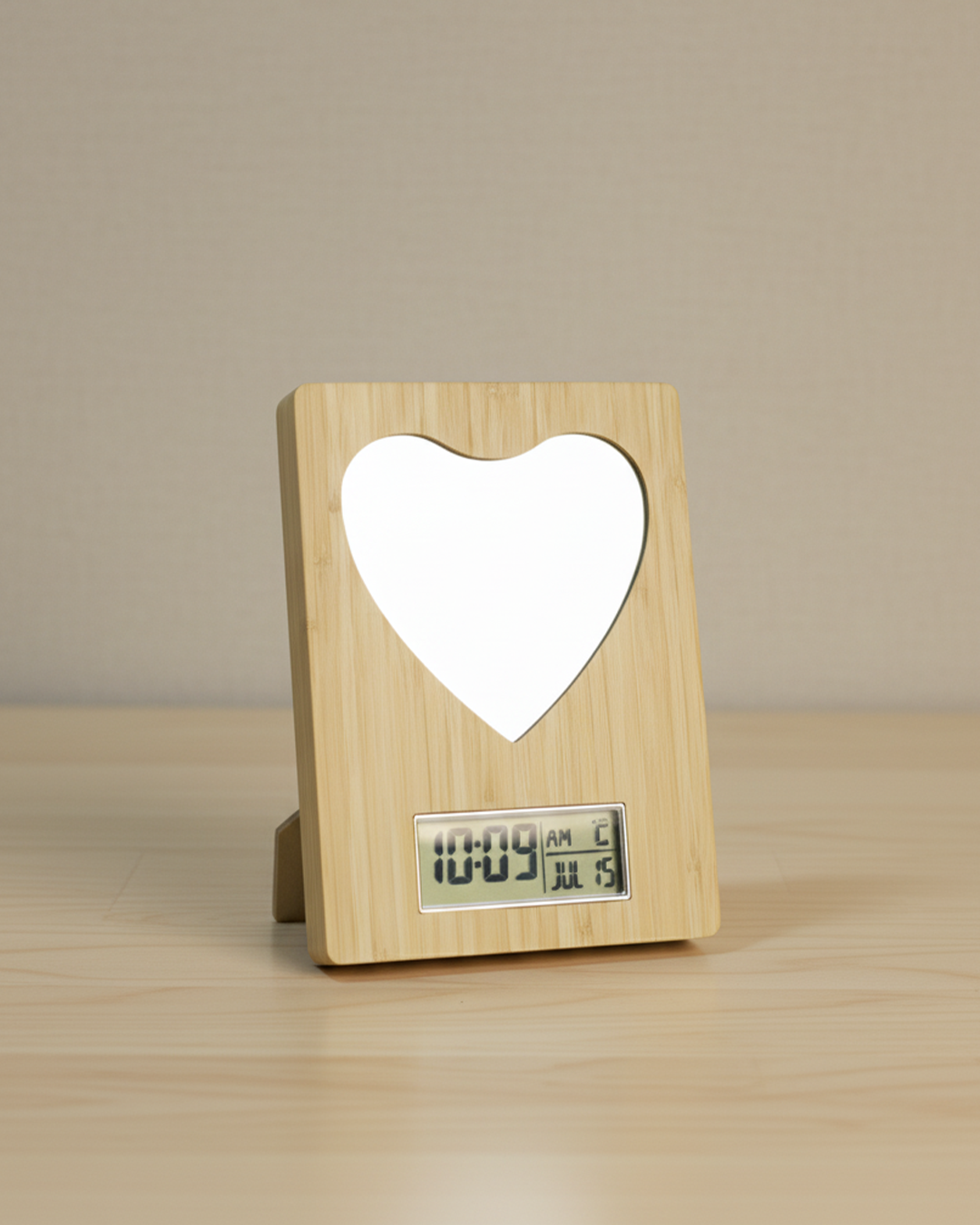 Heart-Shaped Wooden Magic Mirror with Digital Clock, Personalized LED Photo Frame Gift