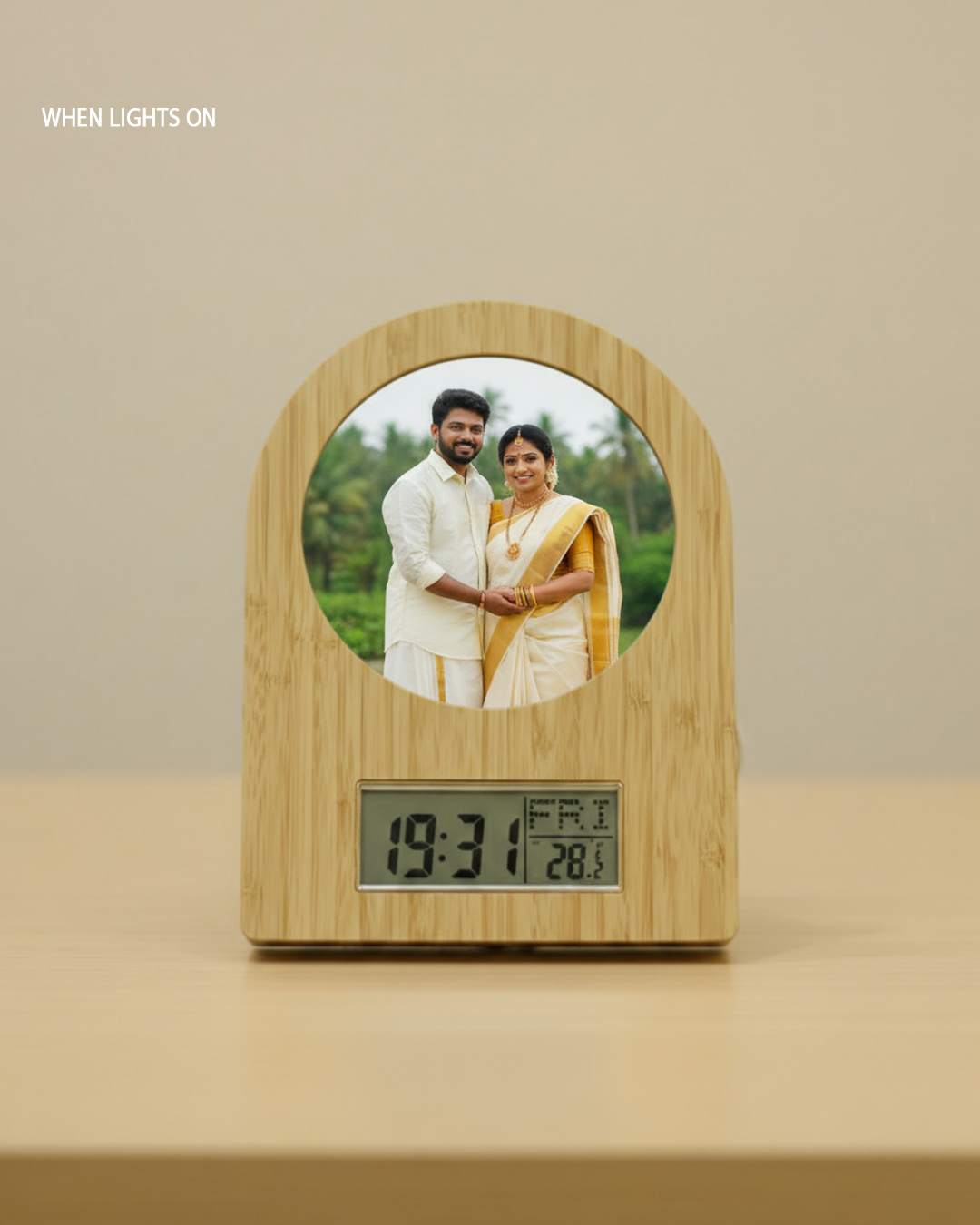 Round Wooden Magic Mirror with Digital Clock, Personalized LED Photo Frame Gift - Image 2