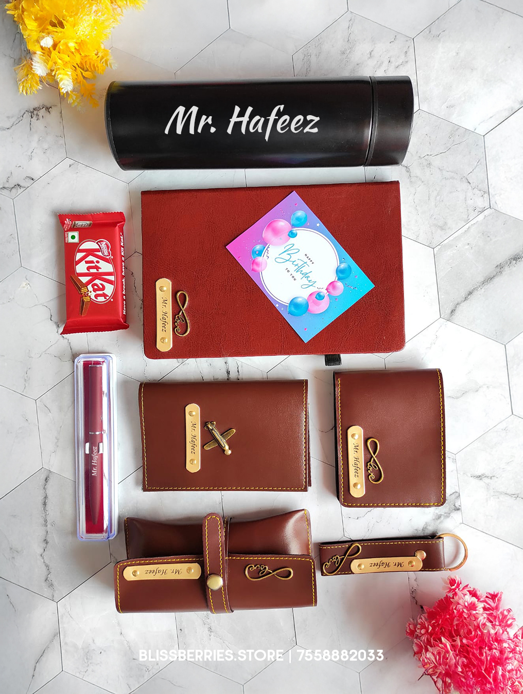 Personalized Premium Gift Combo for Men | Personalized Temperatue Bottle, Leather Combos, Pen, Kitkat and more - Image 2