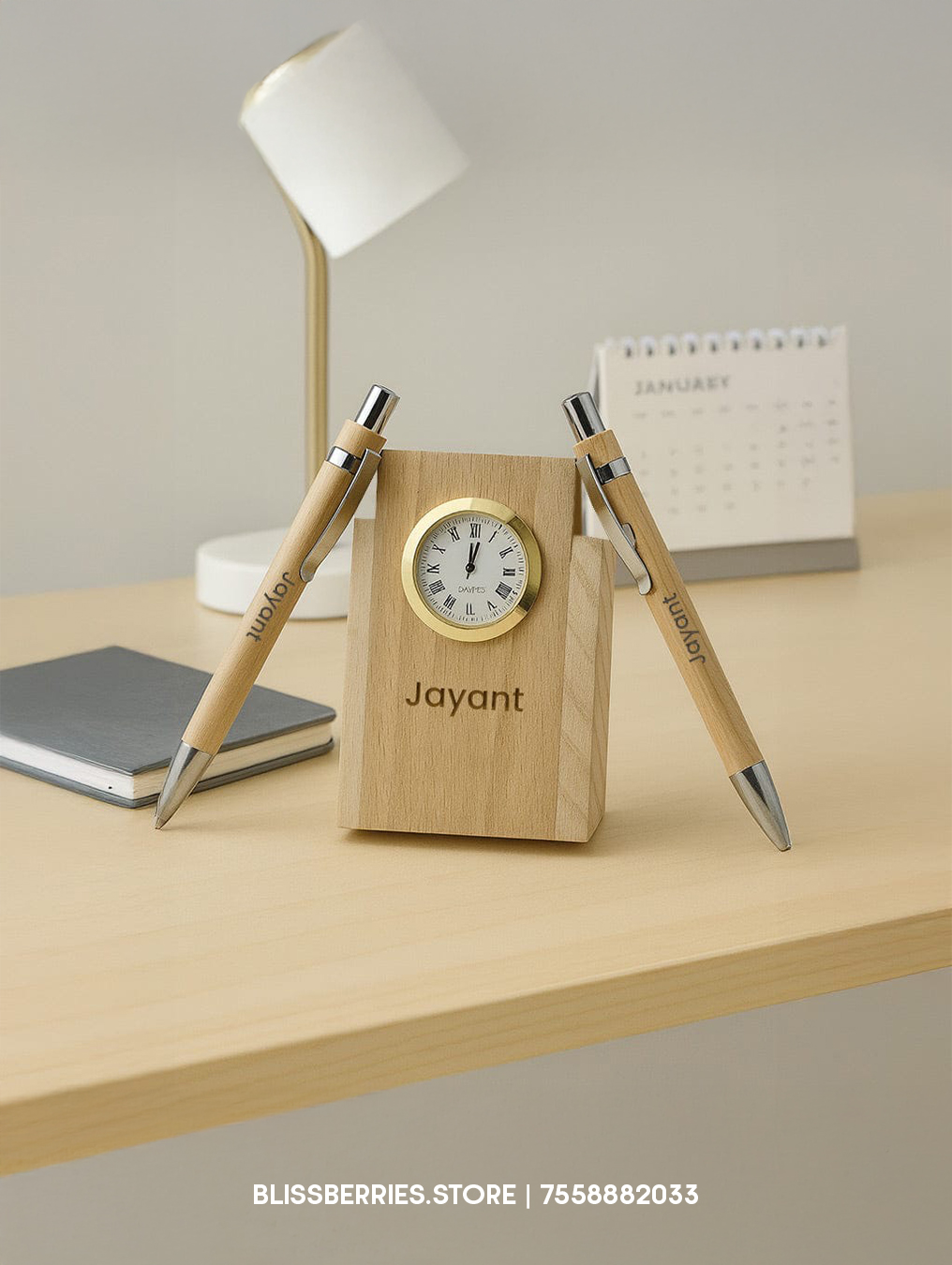 Wooden Desk Organizer with Clock & Pen Stand with 2 Pens | Personalized Name Engraving