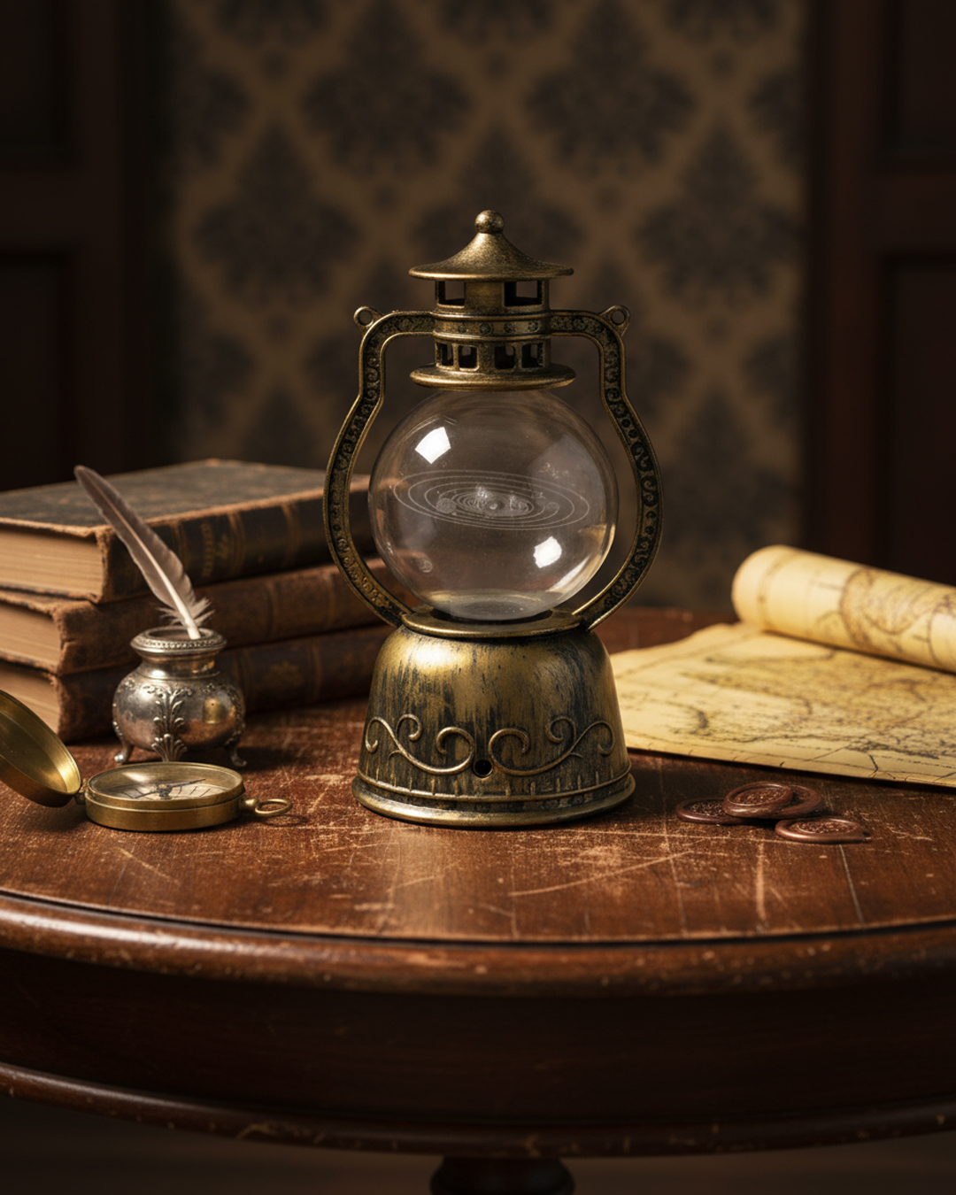 Vintage Brass Lantern Night Lamp with Rotating 3D Space Crystal Ball - Antique Desk Items - Home Decor Gift