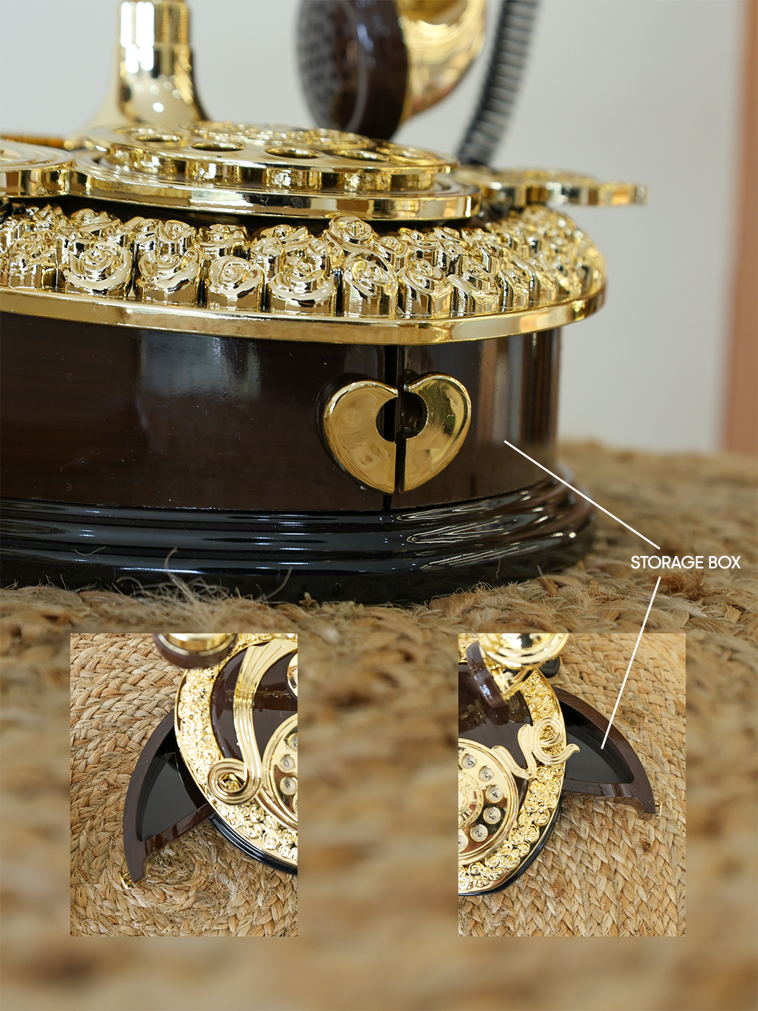 Vintage Telephone With Hidden Storage – Retro Desk Decor, Gold & Brown Antique-Style Landline Model - Image 4