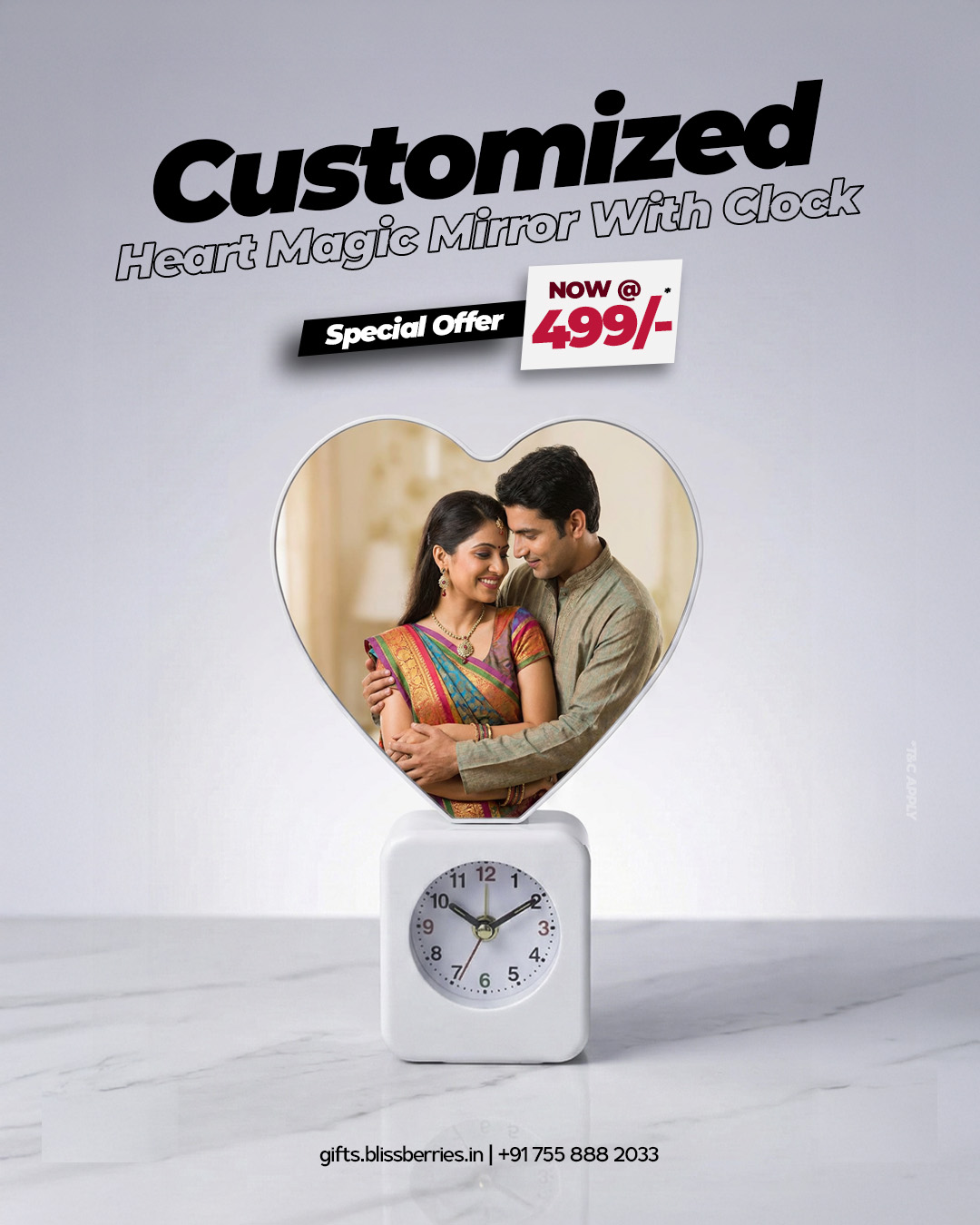 Customizable Heart Magic Mirror with Clock - Photo Personalized LED Mirror Frame Gift