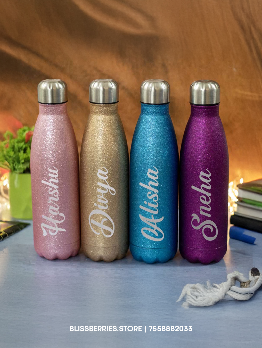 Customized Glitter Water Bottle 500ml - Personalized Stainless Steel Insulated Bottle with Name - Custom Gift Water Bottle