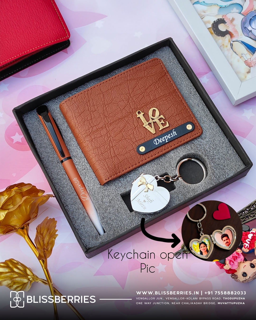 Customised Tan Heart Photo Metal Key & Wallet Combo | Personalized Wallet, Pen & Photo Keychain Gift Set