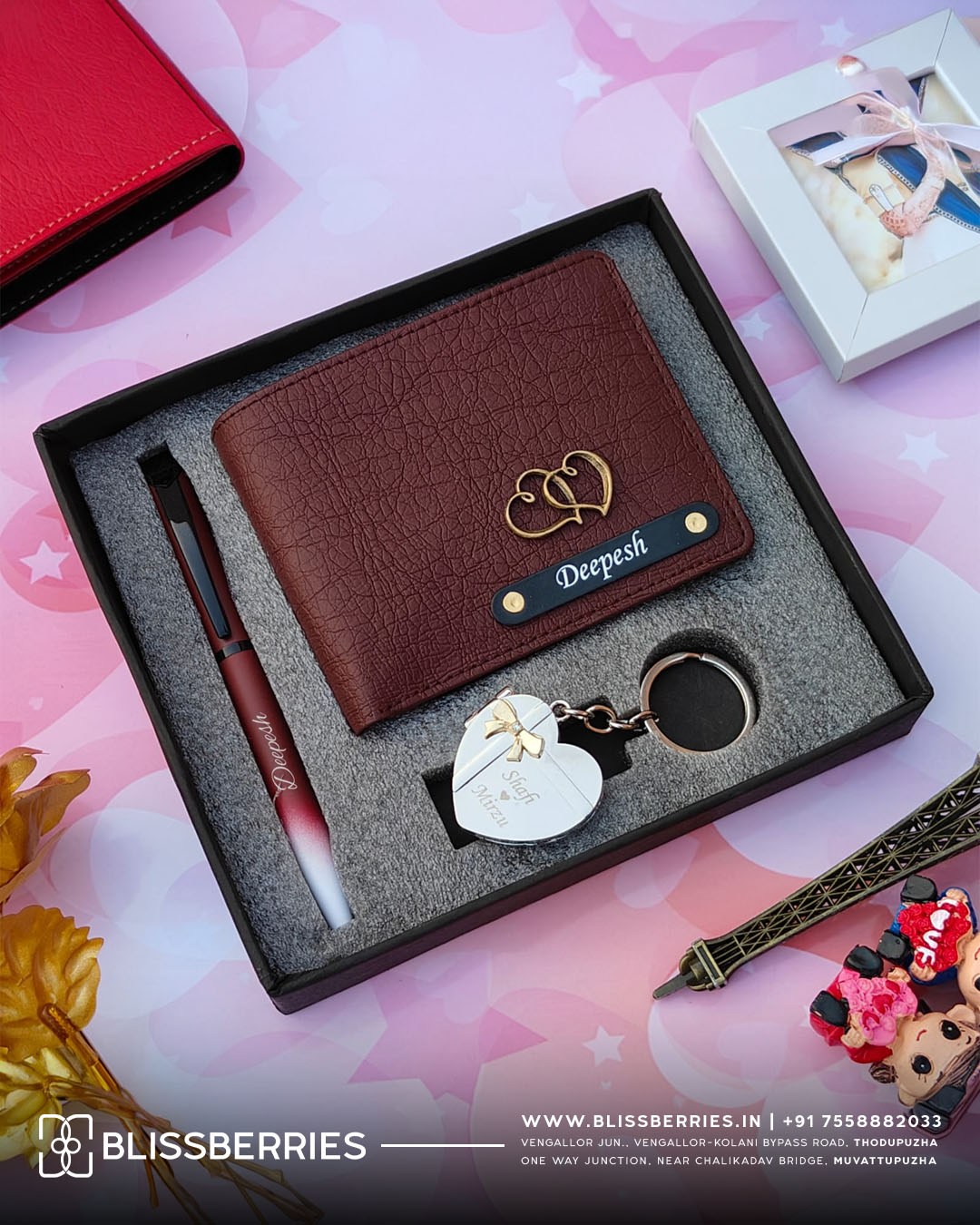 Customised Brown Heart Photo Metal Key & Wallet Combo | Personalized Wallet, Pen & Photo Keychain Gift Set
