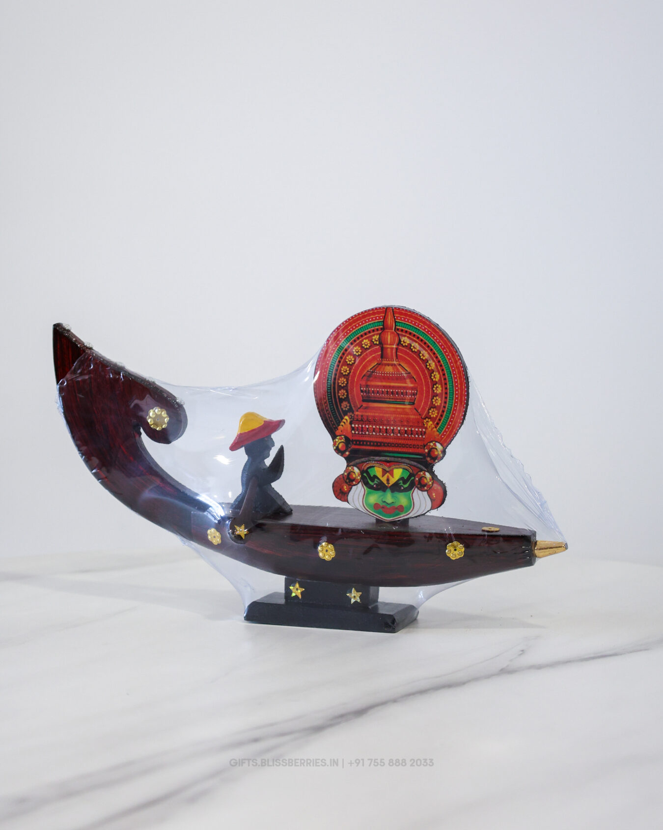 Vallam with Kathakali Traditional Wooden Houseboat Showpiece | Kerala Cultural Boat Model for Home & Office Décor