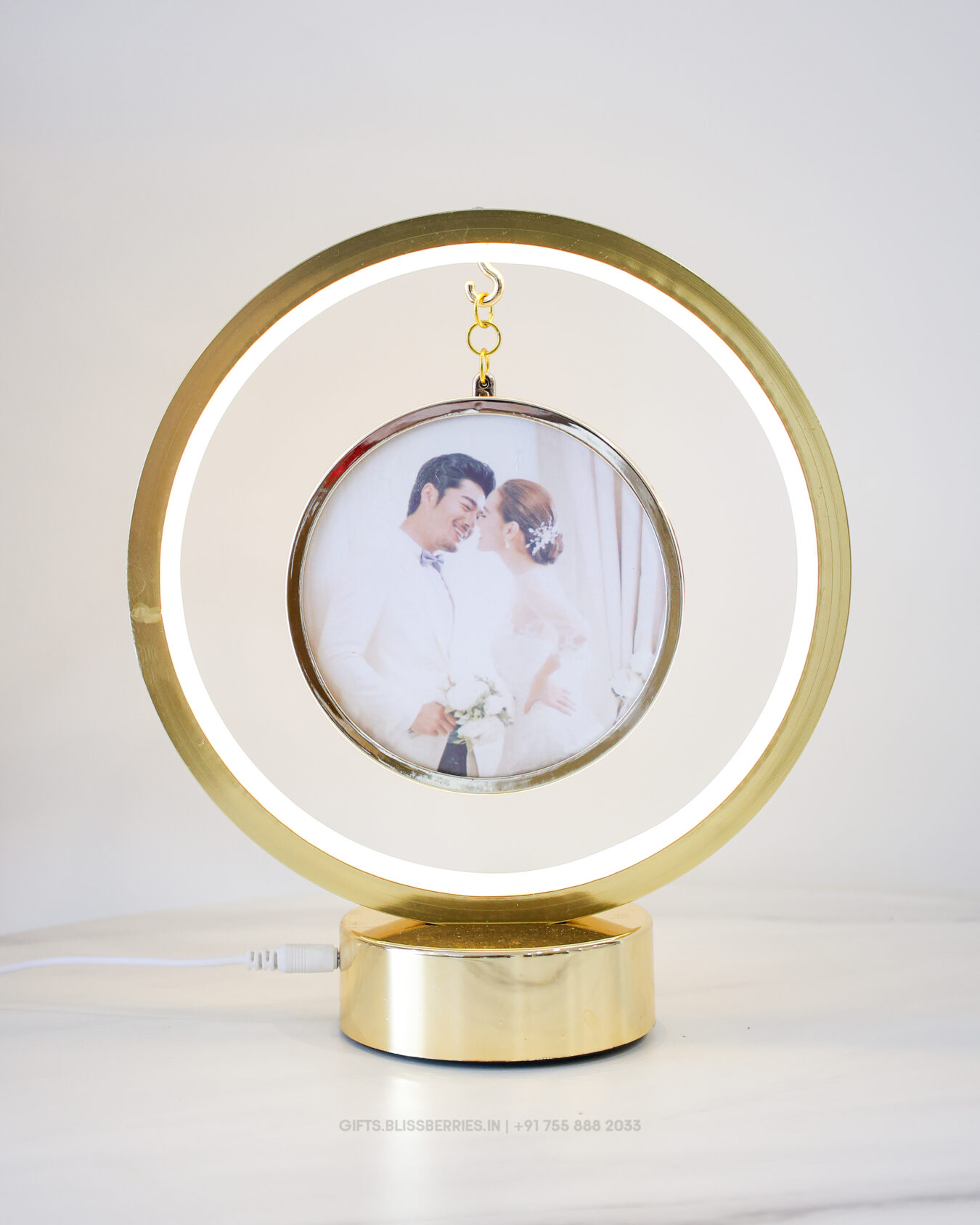 Golden LED Round Photo Frame with Circular LED Light | Illuminated Tabletop Photo Frame for Home & Gifting