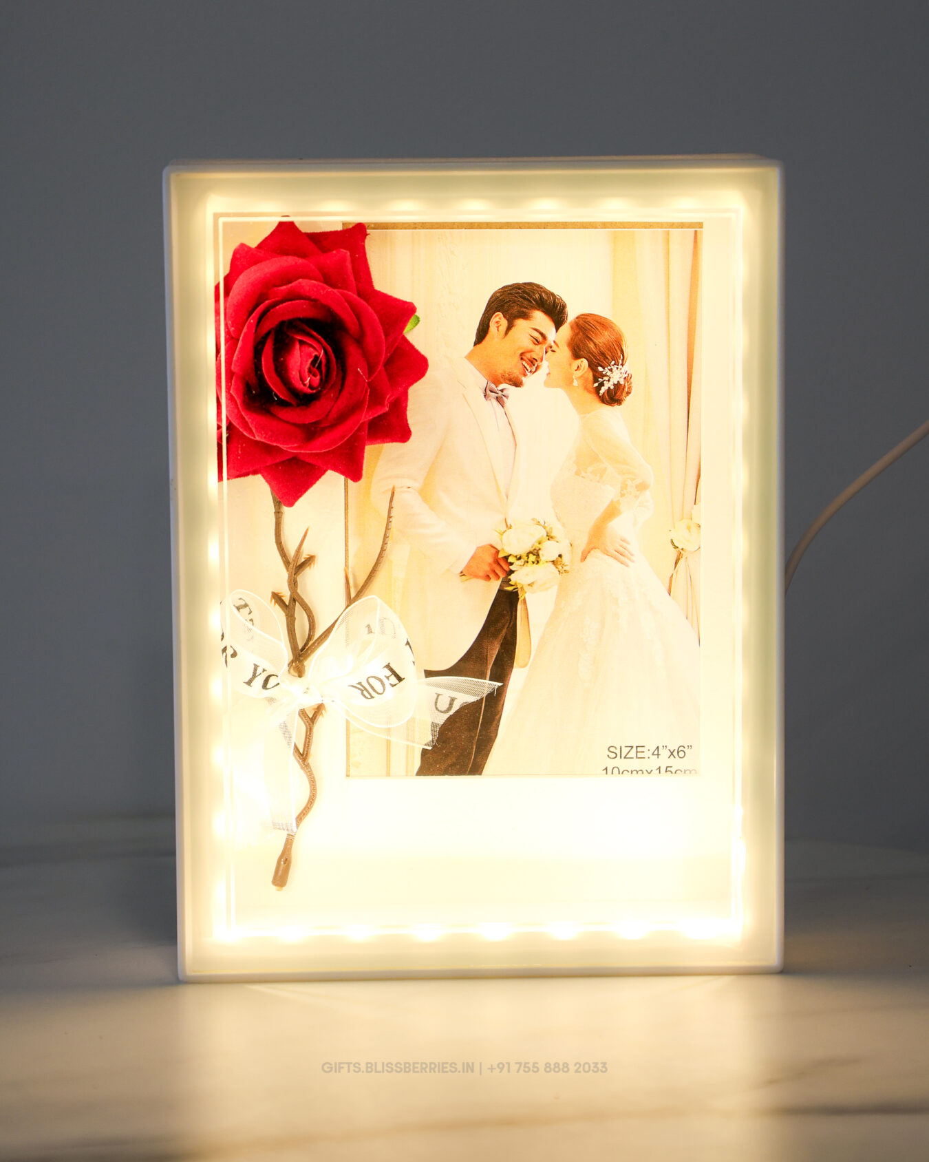 White LED Photo Frame with Red Rose 4x6 Inch | Romantic Illuminated Photo Frame for Home Décor & Gifting