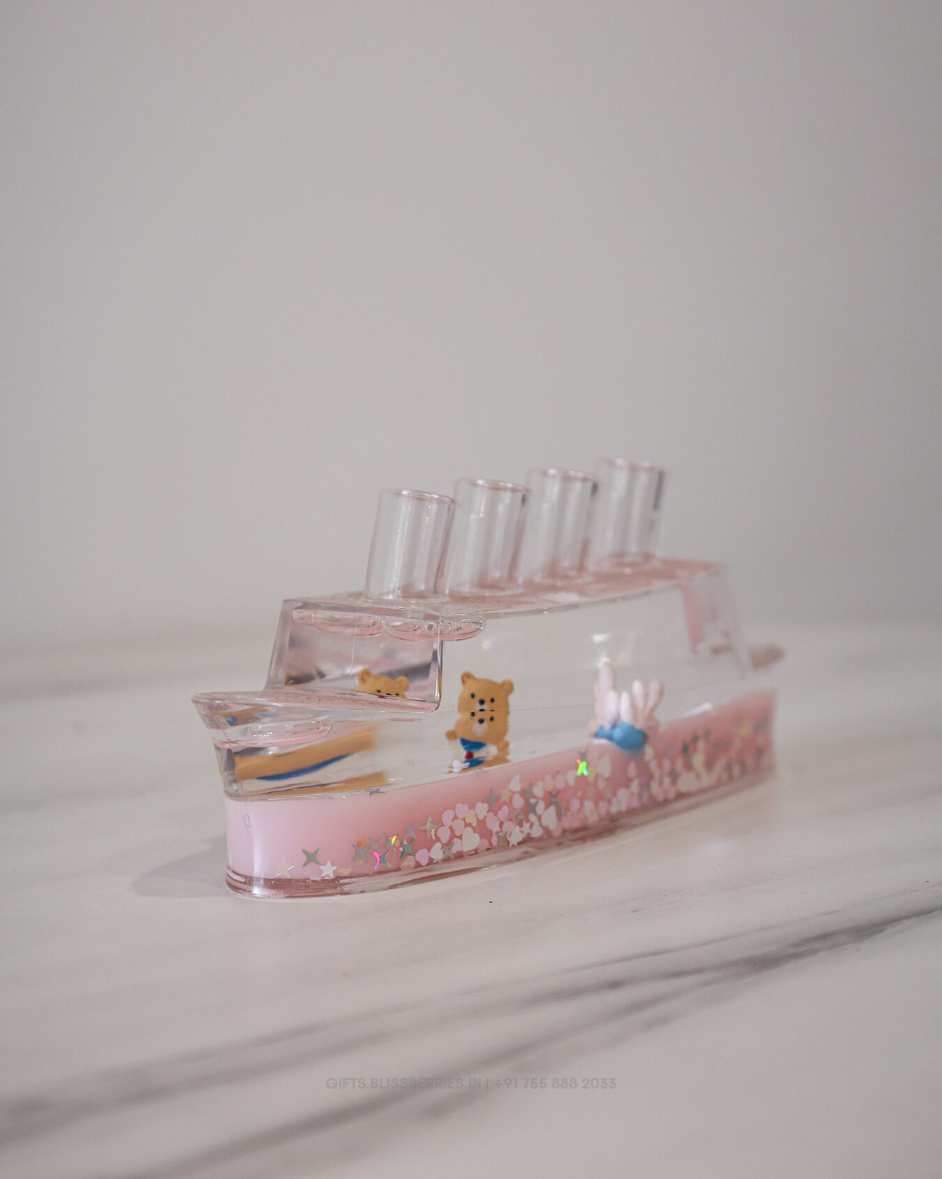 Pink Gel Boat Pen Holder | Decorative Desk Organizer with Floating Boat Design for Office & Study