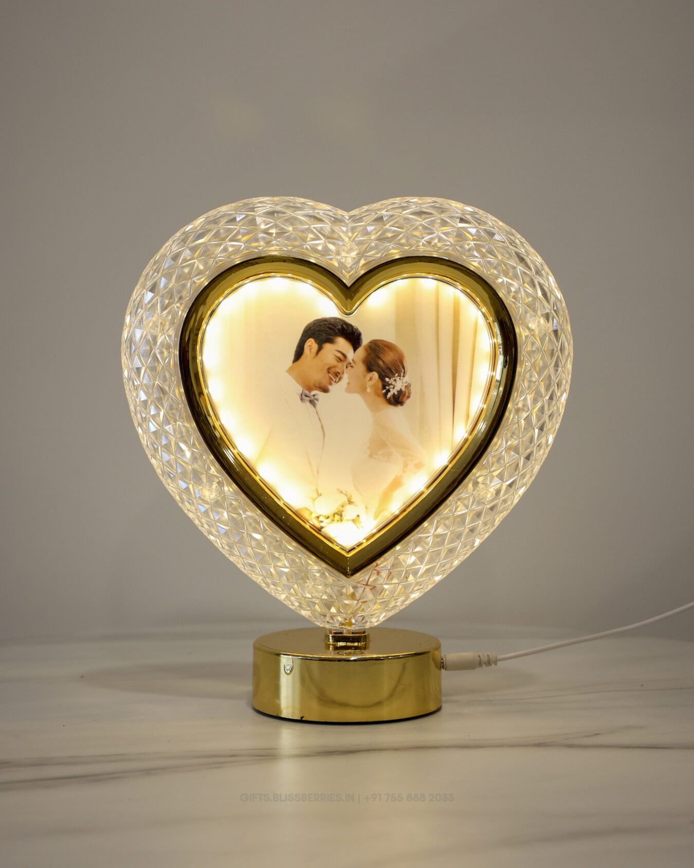 Golden Crystal Heart Shape Photo Frame with Heart LED Light | Luxury Crystal LED Photo Frame for Romantic Gifting