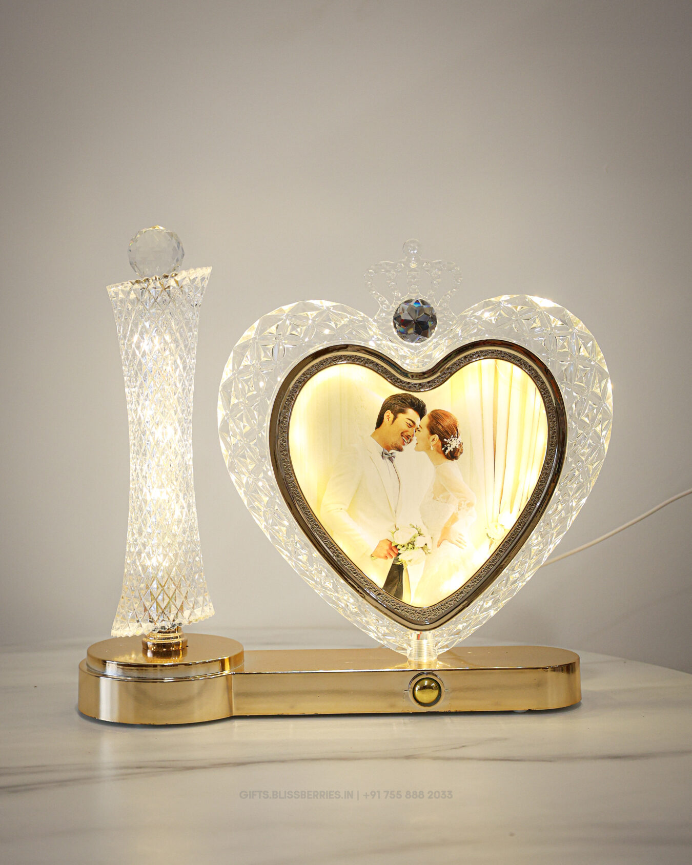 Heart Crystal Golden Photo Desk Frame with Heart LED Light | Premium Crystal LED Photo Frame for Romantic Gifting