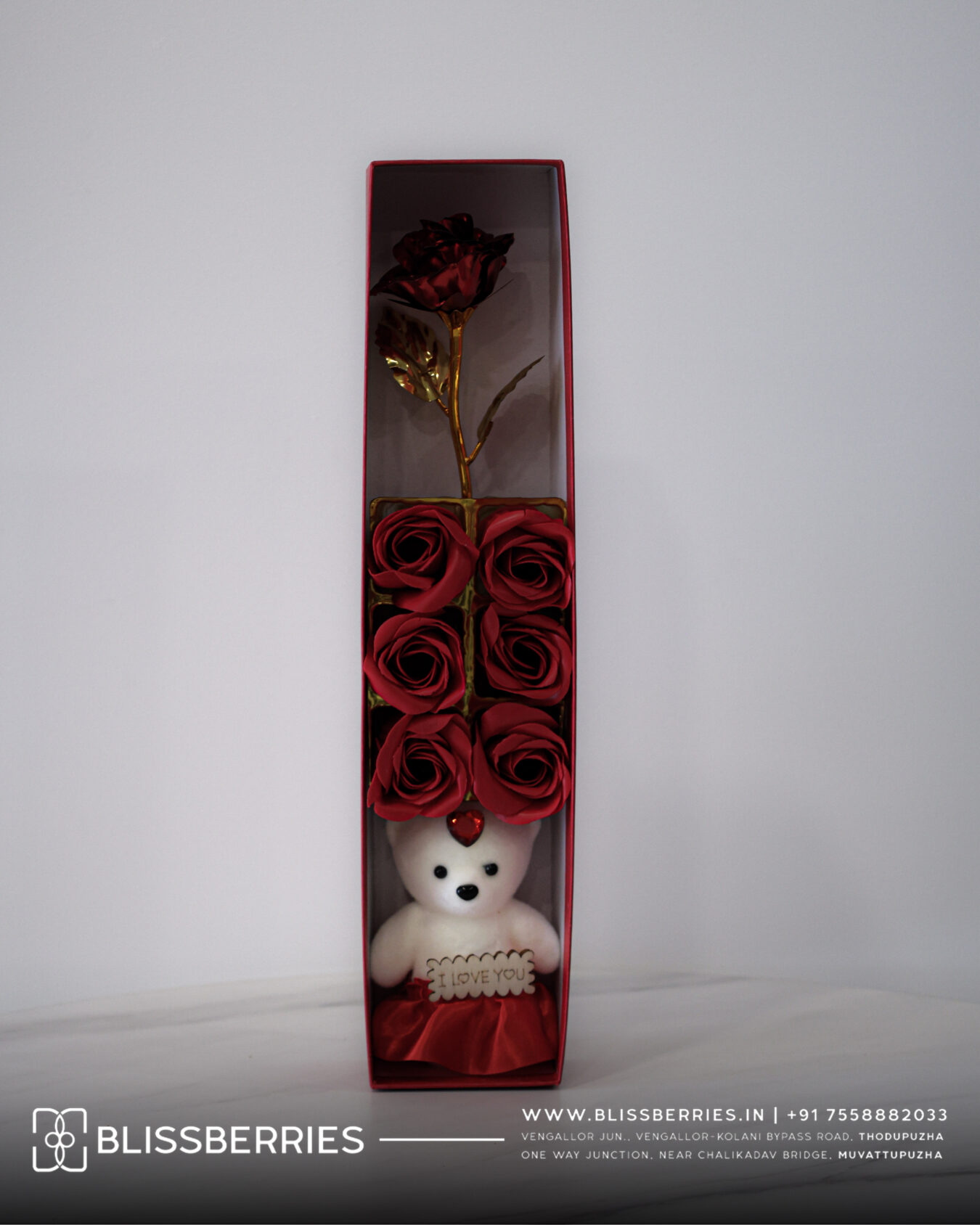 Valentine’s Day Special Rectangular Rose Teddy Bouquet Box | Romantic Roses & Teddy Combo Gift for Love