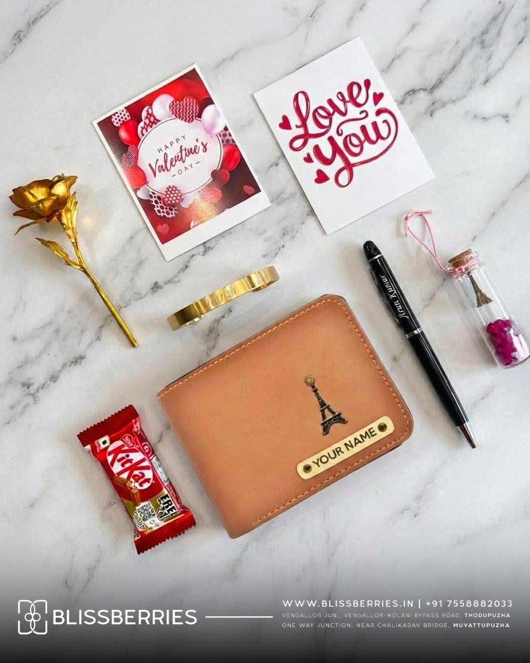 Valentine’s Day Special Men’s Wallet Gift Combo Set | KitKat, Pen, Cards, Rose & Personalized Accessories