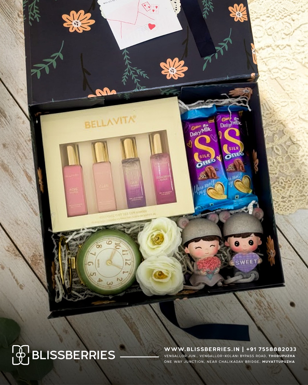 Miniature Couple with Clock & Perfume Chocolate Gift Hamper | Romantic Premium Combo Gift Set