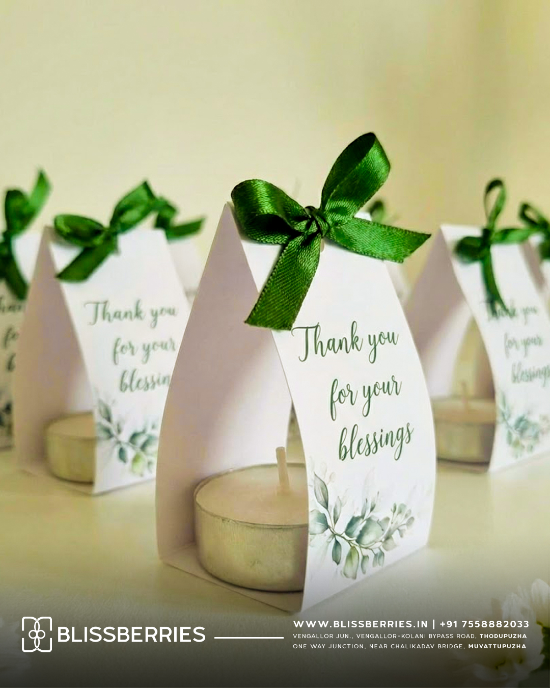 Card Wrapped Tea Light Candle Return Gift | Elegant Ribbon Tie Thank You Candle for Weddings & Events