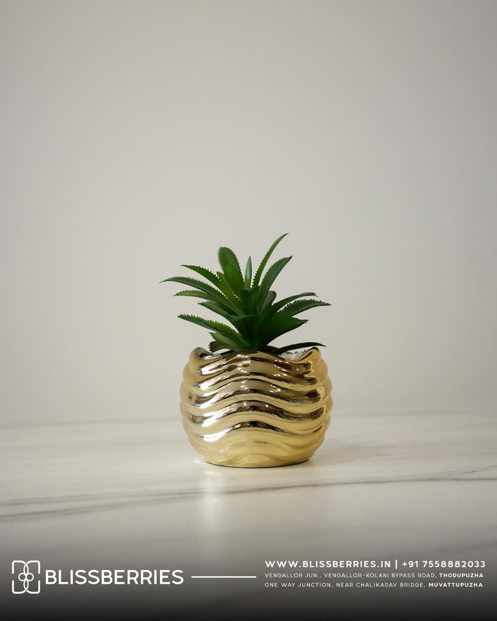 Mini Golden Pot with Artificial Plant | Elegant Tabletop Plant Decor for Home & Office