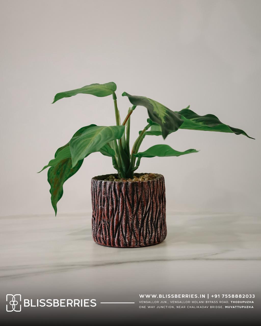 Wooden Textured Pot with Artificial Plant | Rustic Tabletop Plant Decor for Home & Office