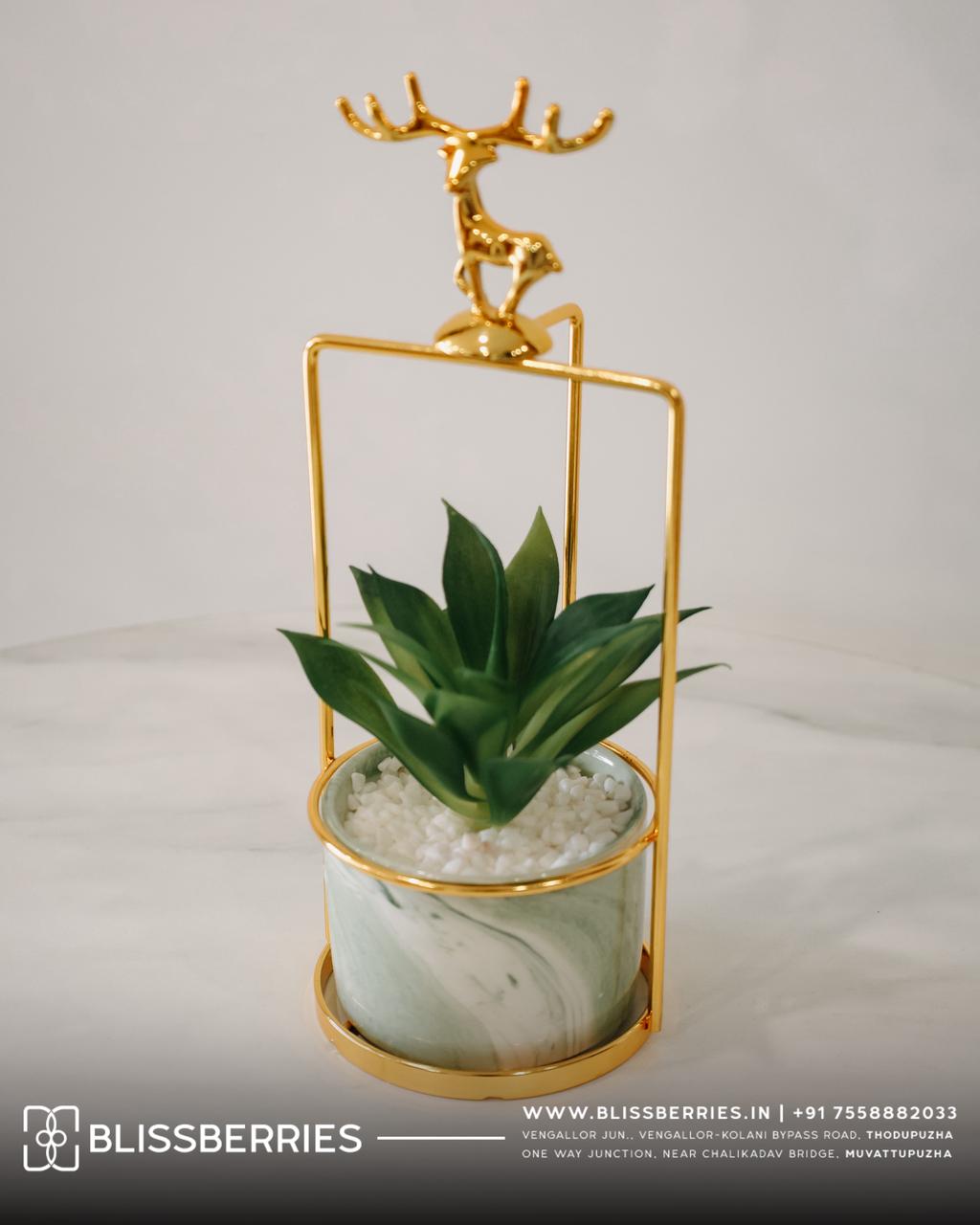 Golden Deer Stand with Artificial Plant | Luxury Decorative Tabletop Plant Holder for Home & Office