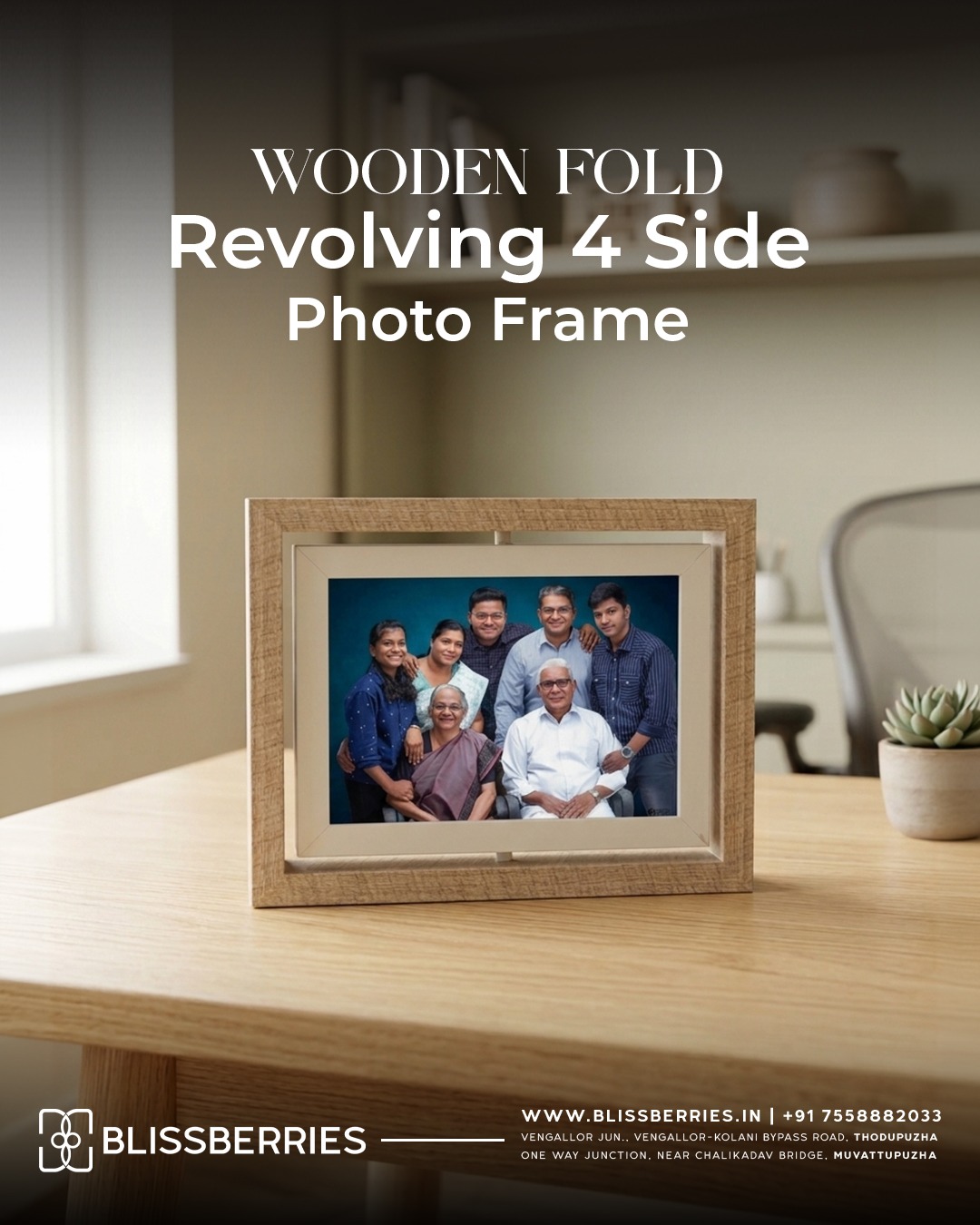 Wooden Fold Revolving 4 Side Photo Frame 4x6 Inches – Rotating Multi Photo Display Frame for 4 Pictures