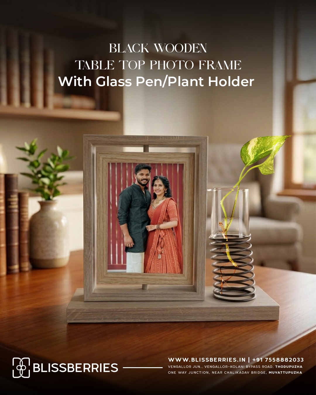 Wooden Table Top Photo Frame with Glass Plant Vase / Pen Holder 3.5x5 Inches – Multi-Functional Desk Decor Frame